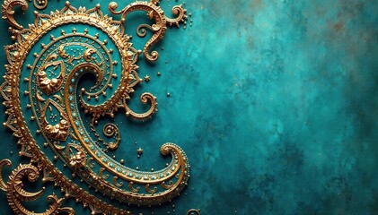 Intricate paisley pattern in teal and gold on textured background, home, art, background pattern