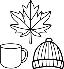 Cozy Autumn Illustration with Leaf, Coffee, and Knitted Hat in Black and White
