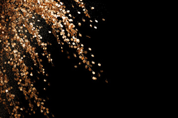 Golden leaves cascade on black background, creating elegant, luxurious feel, ideal for festive or celebratory designs, showcasing ample free space for text