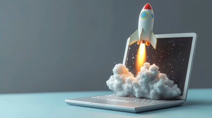 A cartoon rocket launching from a laptop screen, symbolizing a new business venture or innovative project taking off.