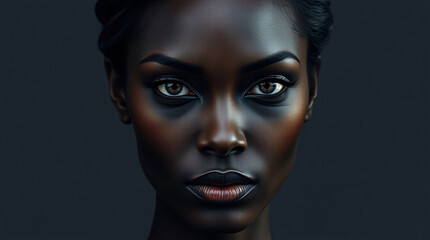 A close-up portrait of a dark-skinned woman with glamorous makeup and studio lighting.