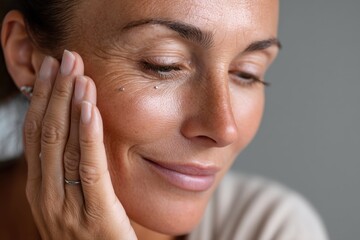 A serene close-up of a woman thoughtfully touching her face, capturing natural beauty and the essence of peaceful self-reflection and care in a softly lit environment.