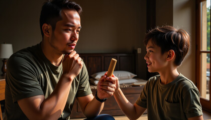 Father plays with his child, smiling and enjoying time together indoors