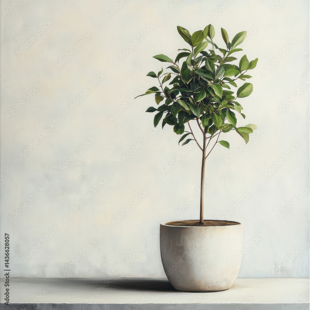 Poster a leafy green plant sprouts from soil in a white pot, casting a shadow against a softly textured whi