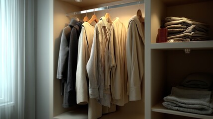 Connected Wardrobe with Neutral Beige Tones – Stylish Home Interior Design of Modern Bedroom Closet or Hall