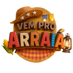 Selo Digital Vem pro Arraiá com Chapéu de Lampião e Decoração Típica