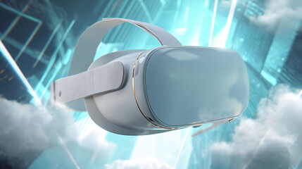 White VR headset with gold accents, floating amidst stylized clouds and teal city backdrop, showcasing futuristic technology and immersive experiences