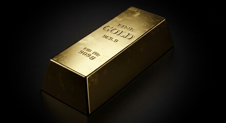 A single gold bar with fine gold inscription on a dark background with visible reflections