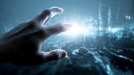 Fototapeta premium A human hand reaches out to interact with a glowing futuristic digital cityscape, symbolizing the merging of humanity and technology in a smart connected world