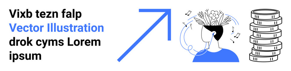 Rising arrow symbolizing growth, person with flourishing ideas wearing headphones, stack of coins suggesting financial gain. Ideal for business, creativity, innovation, education, finance, growth