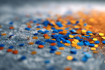 Fototapeta premium Close-up of blue, orange, and gold glitter confetti on gray surface, creating a festive and sparkly texture, showcasing celebration and joy