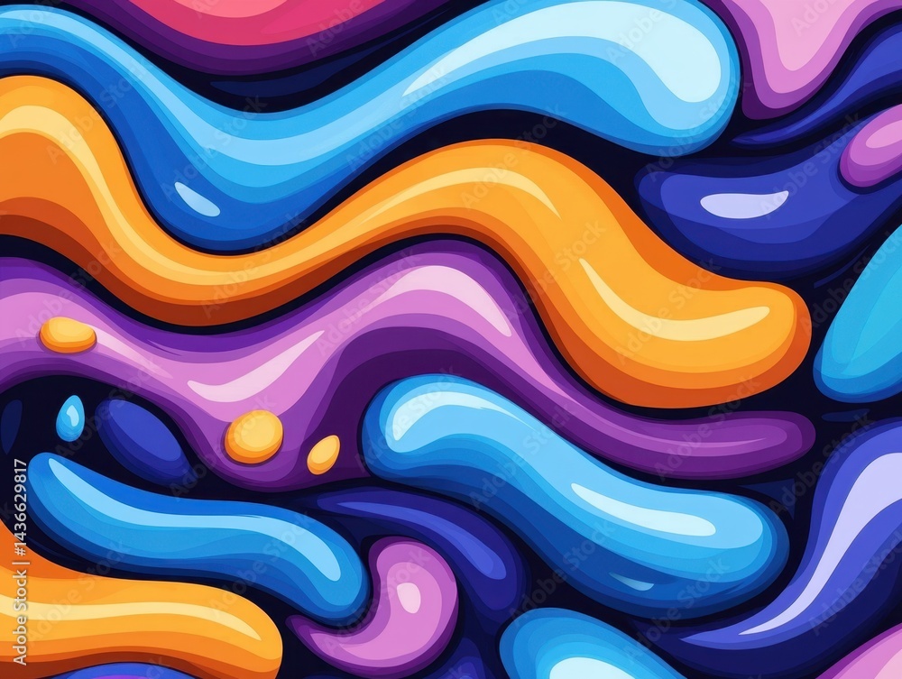 Poster abstract art featuring vibrant, wavy shapes in various colors. smooth, glossy textures create a dyna