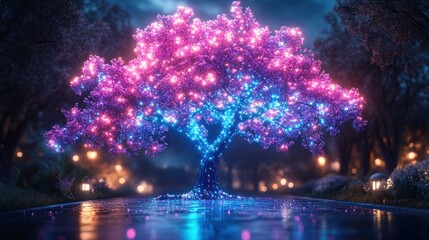 Obraz premium Illuminated mystical tree glowing with vibrant pink and blue light, standing in a tranquil pond