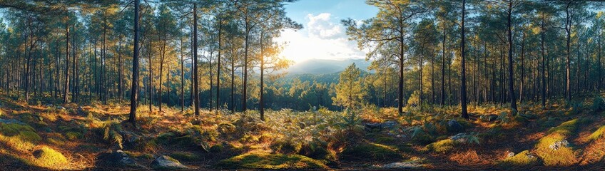 Sunlit forest scene of tall trees and undergrowth.