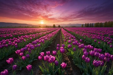 Obraz premium Tulip Flowers Field Landscape Wallpaper, Tulips Photography, Beautiful Tulips Landscape Scenery, Nature Landscape, Colorful Tulips Field Background, Spring Tulip Garden Landscape