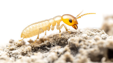  Close-up of a termit standing on a sand surface isolated on a white background.