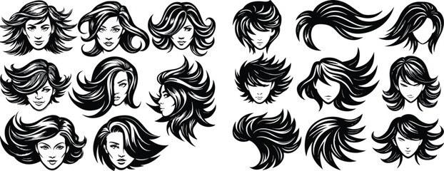 Collection of dynamic hairstyle vectors with wind-blown effects, drawn with smooth curves and sharp