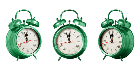 set collection retro clock, watch, pointer clock, Green color alarm clock on isolated white background close up