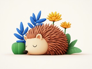 A cute hedgehog rests amidst colorful flowers and leaves, creating a serene, 3D-rendered scene