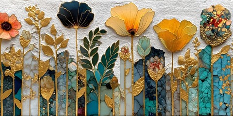 Floral tapestry with multicoloured marble texture adorned with golden leaves and edges 