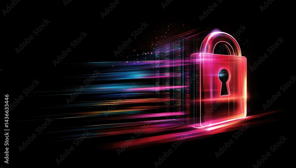 Poster digital security lock illustration with glowing data stream