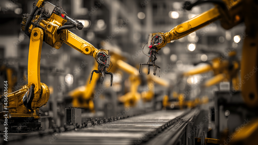 Poster close-up of yellow robotic arms on assembly line, showcasing automation in industry, representing te