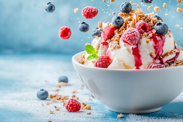 A delicious bowl of frozen yogurt topped with fresh raspberries, blueberries, granola, and a drizzle of honey, floating fruit toppings creating a dynamic, refreshing scene