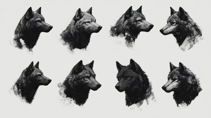 Eight wolf head sketches; wildlife art; grayscale; nature background; tattoo design