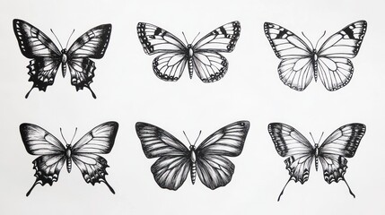 Six ink butterflies, white background, nature art, design
