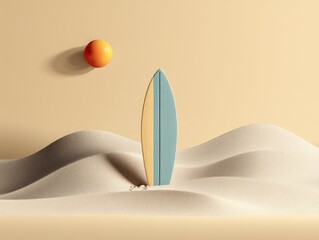 Minimalist beach scene with pastel surfboard on smooth wavy sand, warm background and small cartoon sun in top corner