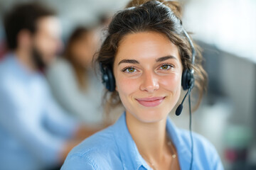 Close-up of a young woman wearing headset, smiling, showcasing a professional and friendly customer service representative