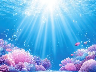 Fototapeta premium Vibrant underwater scene with coral reef, fish, and sunbeams penetrating the water's surface