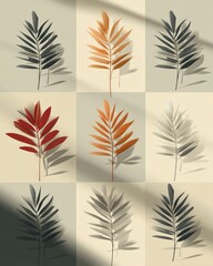Minimalist palm silhouettes in alternating colors arranged in a grid, background in soft beige with subtle shadow effects