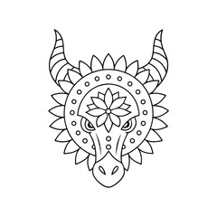 Creative cow head illustration in black and white coloring book style