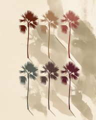 Minimalist palm silhouettes in alternating colors arranged in a grid, background in soft beige with subtle shadow effects