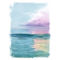 Minimalist pastel ocean landscape with gentle waves and a calming horizon, painted sky and tropical water shimmer