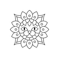 Cat face mandala style illustration with floral elements in black and white for coloring book