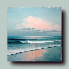Minimalist pastel ocean landscape with gentle waves and a calming horizon, painted sky and tropical water shimmer