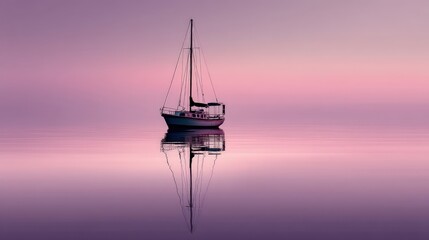 Minimalist sailboat floating on glassy lavender sea under soft pastel sky, full reflection visible, cinematic ambient lighting and high clarity