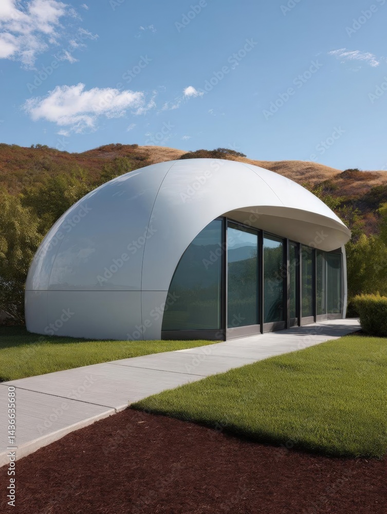 Aufkleber modern building with a curved roof. the building is white in color and has large glass windows on th