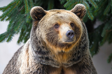 Obraz premium Majestic brown bear with thick fur gazing in the forest surrounded by lush green pine trees