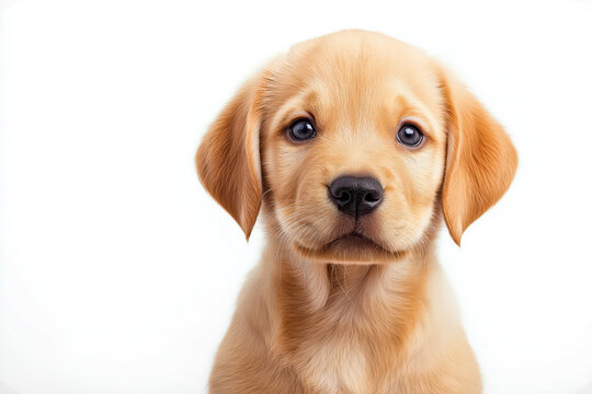 Adorable golden retriever puppy looking forward with innocent expression on plain white background