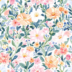 Watercolor floral seamless pattern with colorful flowers , leaves and branches