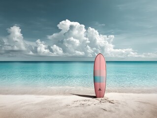 Minimalist scene with a single pastel surfboard on light sand, tropical water sparkling behind and clouds lining the horizon