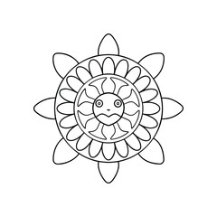 Outline illustration of a smiling sun with petals for coloring and creative projects