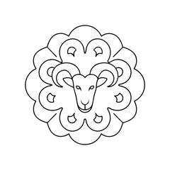Simple ram head vector illustration with geometric shape fluffy wool outlined in black