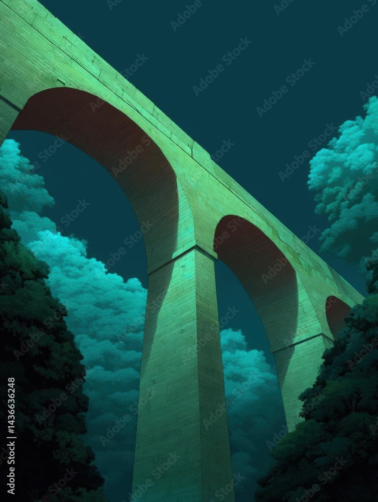 Poster digital illustration of a bridge with three arches. the bridge is made of stone and is supported by 