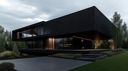 Modern minimalist home in dark colors.  Exterior architectural design with glass and dark cladding, nestled in a wooded landscape.  Spacious contemporary dwelling