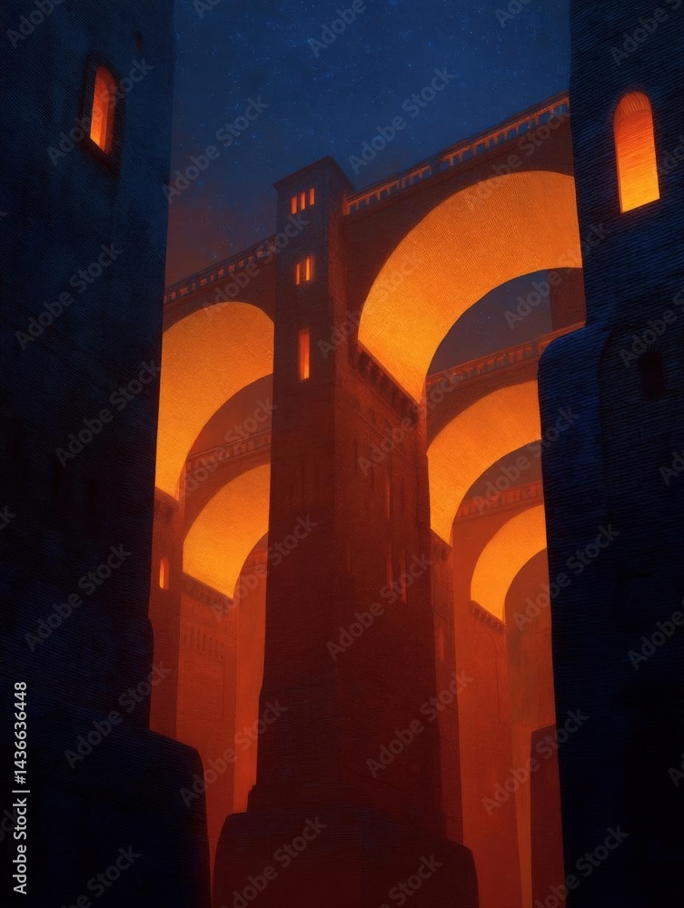 Aufkleber digital illustration of a bridge at night. the bridge is made up of three arches, each with a small 