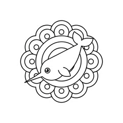Narwhal outline in geometric circular frame illustration for coloring pages and creative projects